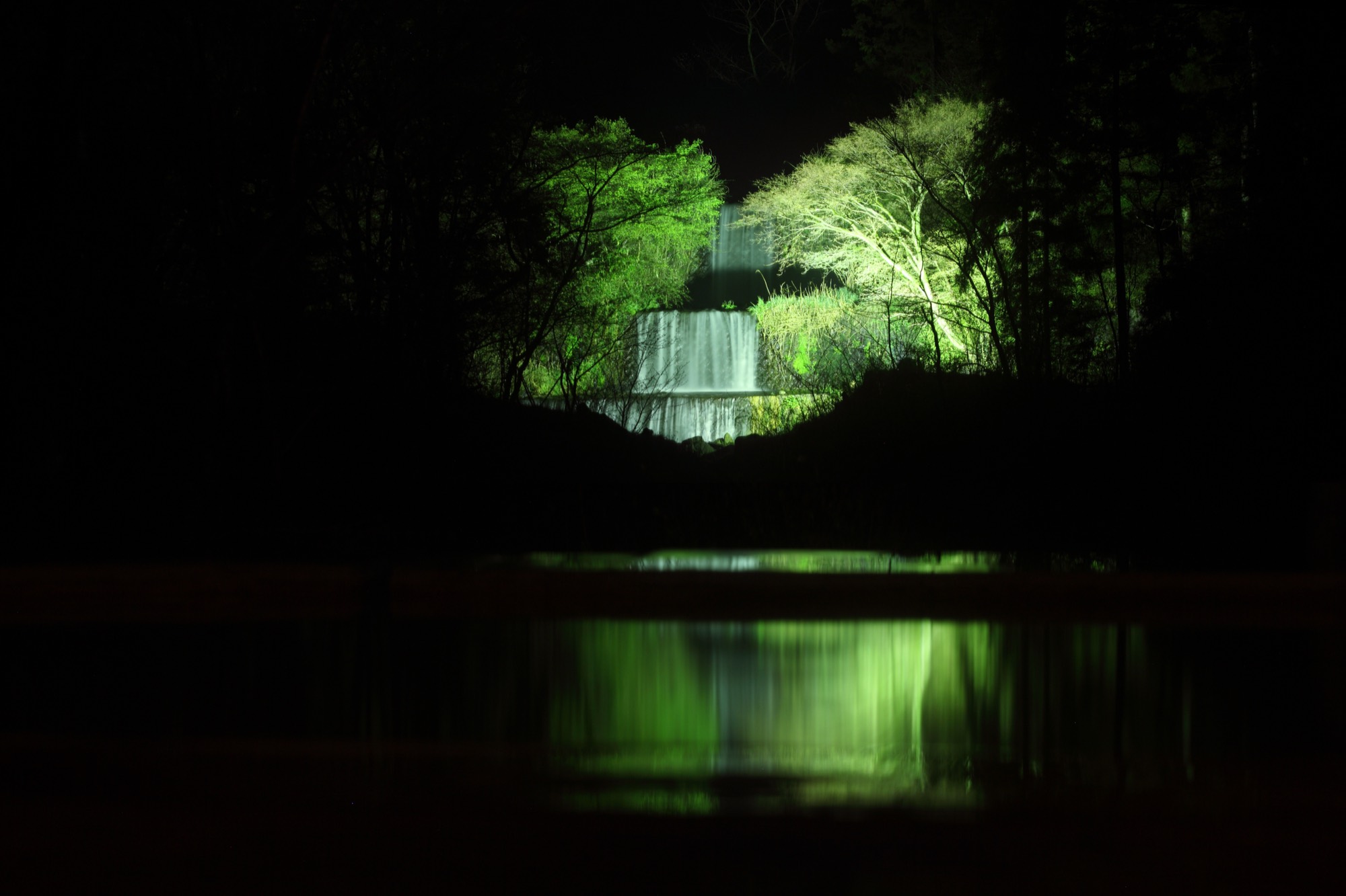 ライトアップされた夜の滝